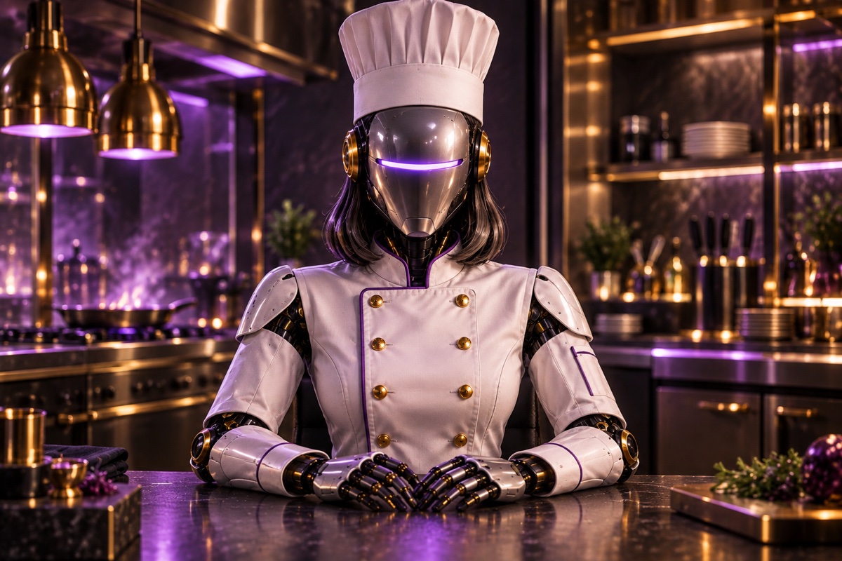 A mouthless AI employee in a chef’s uniform, with a violet visor